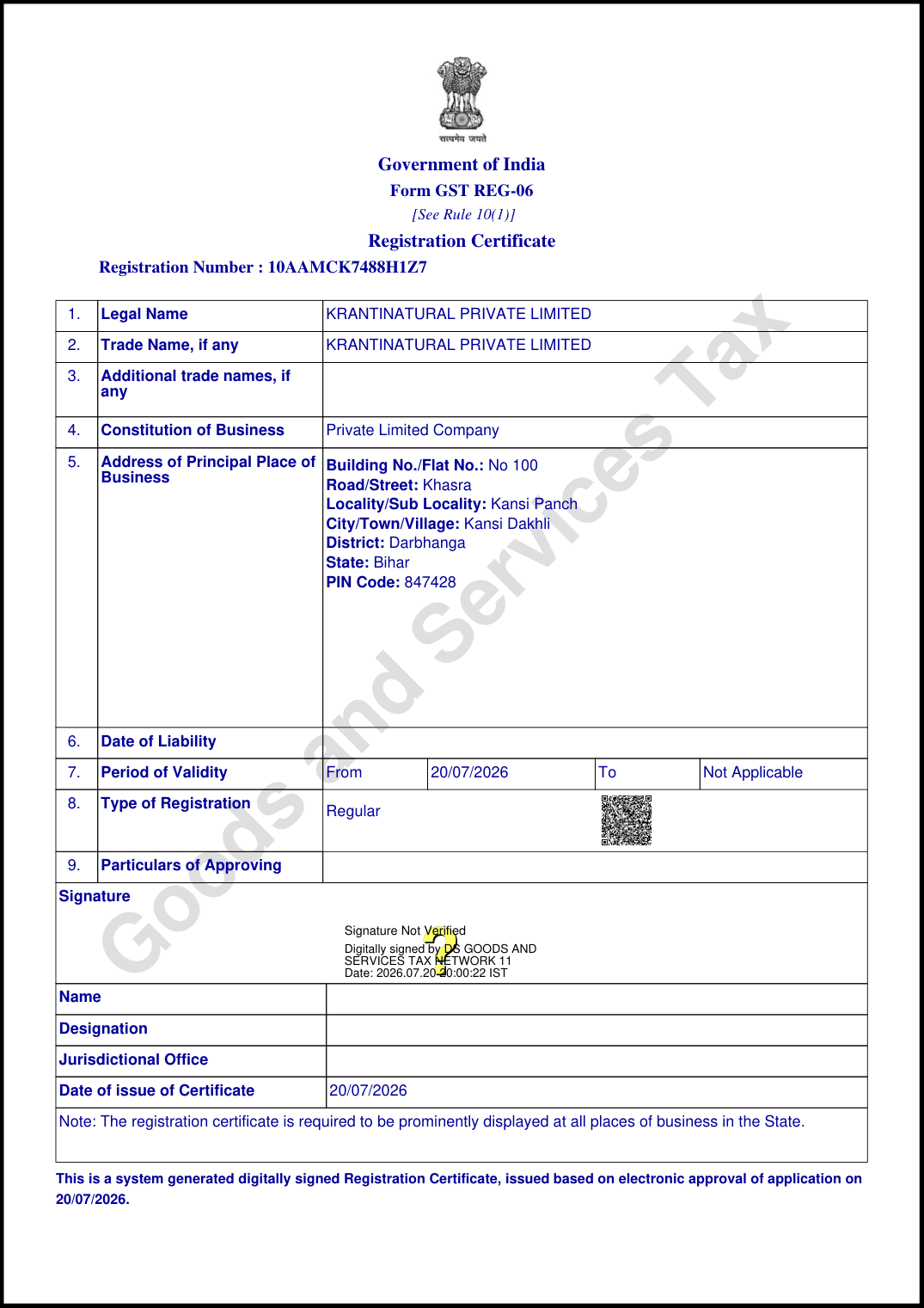 GST Registration Certificate